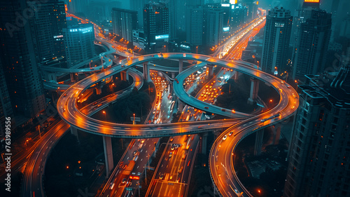 Overhead view of a multilevel highway system with intricate loops and junctions, cars in motion, set against a bustling city backdrop photo