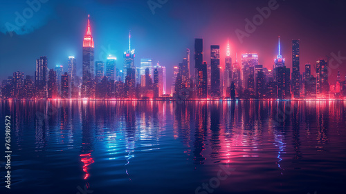 Panoramic view of a city skyline at night, illuminated skyscrapers reflecting on the calm water, with vibrant lights and clear skies.