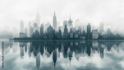 Stylized monochrome cityscape silhouette against a soft gradient sky, mirrored perfectly on the surface of a serene river