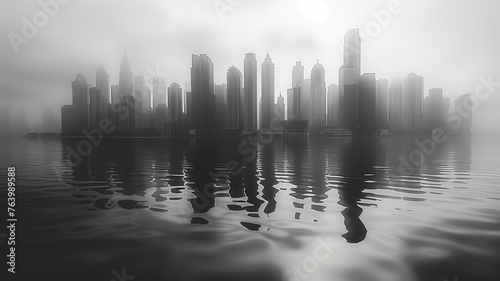 Stylized monochrome cityscape silhouette against a soft gradient sky, mirrored perfectly on the surface of a serene river photo