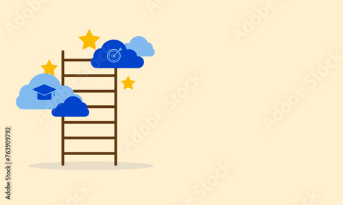 Ladder success step concept. The ladder with clouds and profit target darts and education on the sky. Business and career. Aim and goal. Management or strategy for big achievement