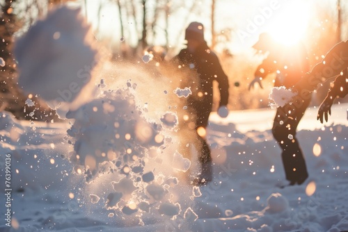 snowball fight in progress, sunset backlighting flying snow