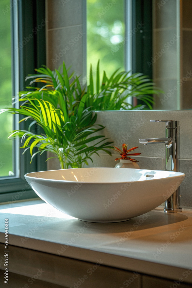 Fototapeta premium Bathroom sink with faucet interior home luxury minimal design washing furniture style. Modern stylish washbasin with tap in clean bath room in house or apartment contemporary decoration background.