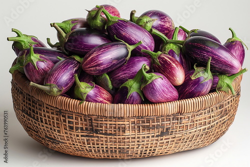 Bountiful Harvest: Fresh Eggplants in a Wicker Basket, Generative AI