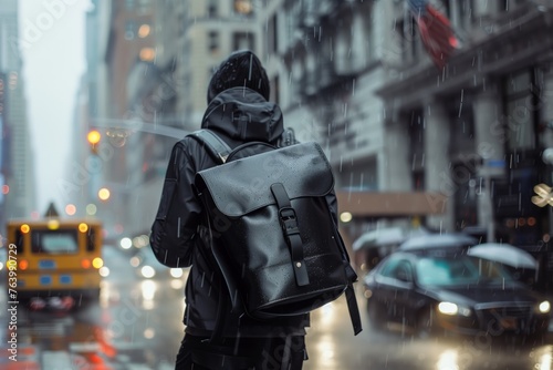 waterproof messenger bag on a commuter in the city rain photo