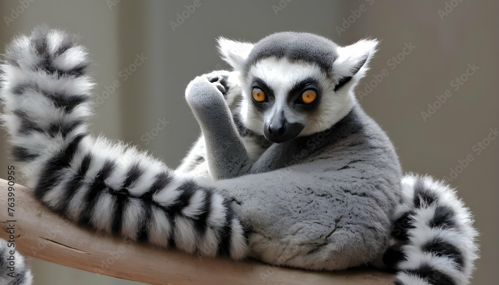  A Lemur With Its Fur Fluffed Up Trying To Appear 