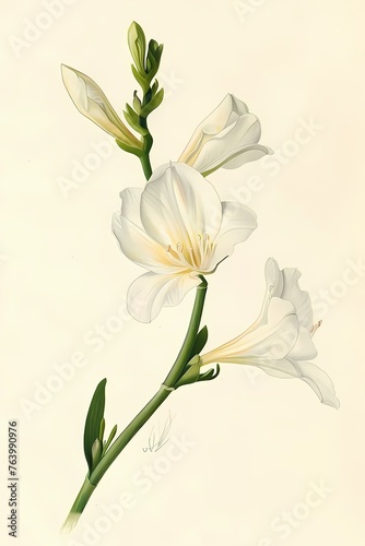 simple colored pencil of small single white freesia botanical painting on ivory background, Artwork for wall art illustration and home decor, digital art