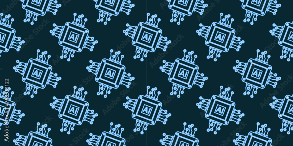 Obraz premium Vector neon computer electronic chip AI seamless pattern. Silhouette microchip processor background on blue background. Wallpaper, print, textile, fabric, wrapping