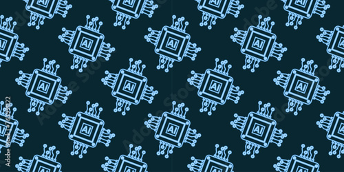 Vector neon computer electronic chip AI seamless pattern. Silhouette microchip processor background on blue background. Wallpaper, print, textile, fabric, wrapping photo