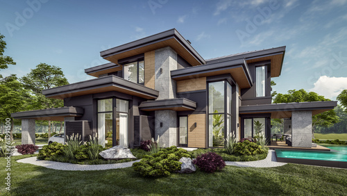 3d rendering of modern two story house with gray and wood accents, large windows, parking space in the right side of the building, surrounded by trees and bushes, green grass on lawn, daylight © korisbo
