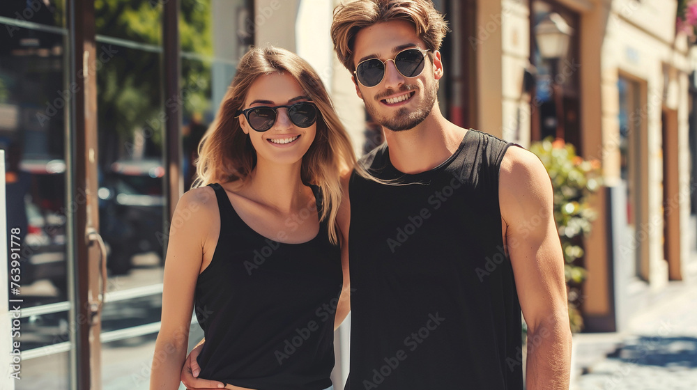 A couple boyfriend and girlfriend wearing blank empty black tank top mockup for design template in the city