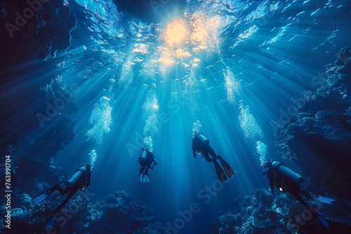 Divers explore the serene beauty of a coral reef bathed in sunlight  offering a sense of adventure and discovery