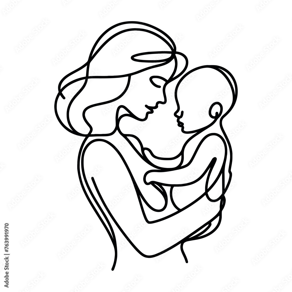 Continuous one-line drawing. A woman is holding her child, a mother is holding a small child. Vector illustration