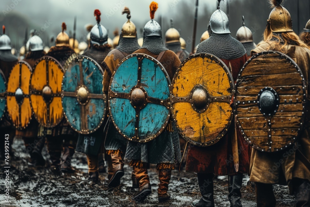 Naklejka premium A dynamic image of Viking warriors lined up for battle, displaying an array of worn and colorful shields ready for combat