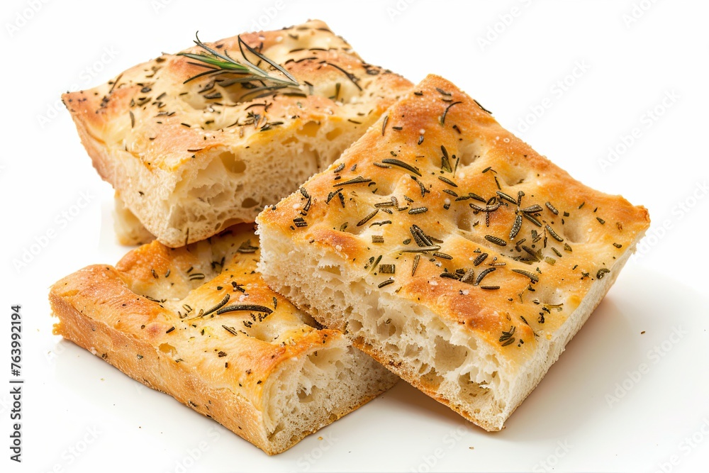 Rosemary focaccia bread, isolated against a white background.