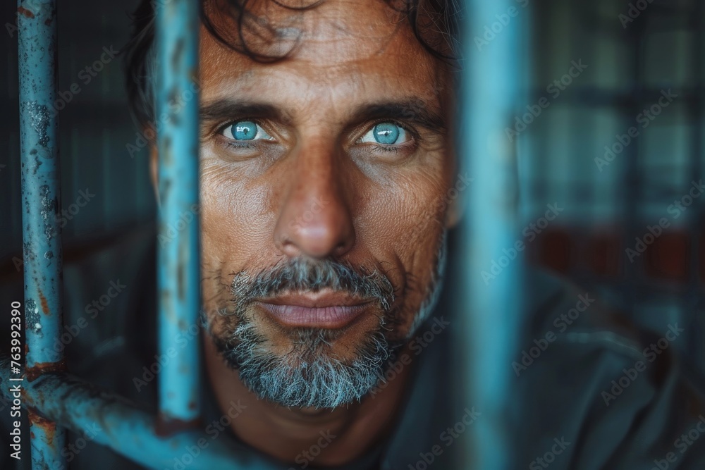 Partial view of an individual obscured behind rusty bars suggesting confinement and limitation Partial view of an individual obscured behind rusty bars suggesting confinement and limitation
