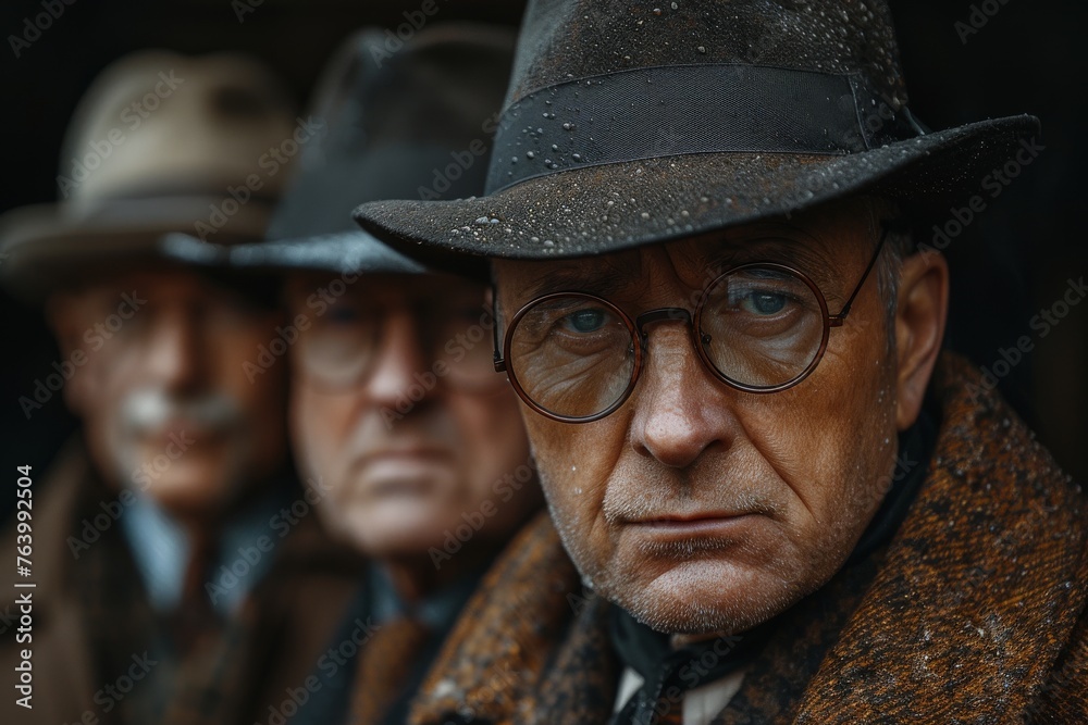 Close-up of a detective's tweed coat and hat, detailing the texture and classic style