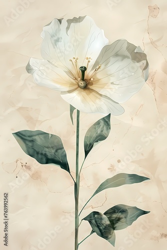 watercolor single wildflower, cream and greens colour range, detailed yet airy, strong watercolor effect, painted in very dainty neutral colours and light isolated on ivory background 