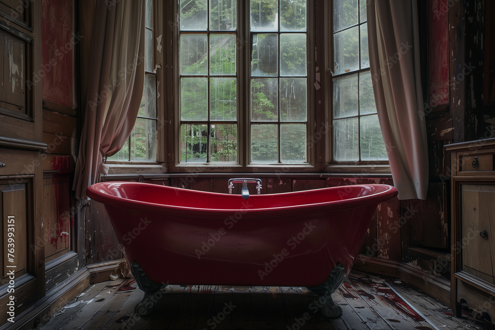 interior of a bathroom with red bath and big window interior of a bathroom with red bath and big window