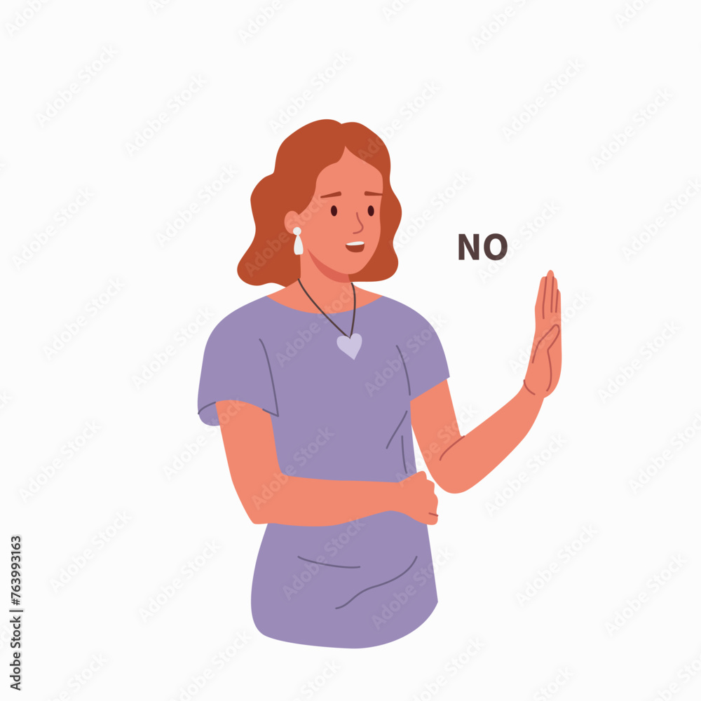 Young woman  shows a negative gesture and stop.Vector cartoon flat style illustration