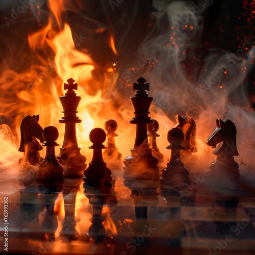 A full chessboard engulfed in flames, creating a dramatic backdrop for themes of conflict, strategy, or crisis