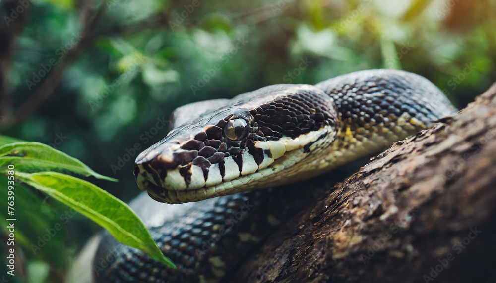 Fototapeta premium Python on tree branch. Large snake. Zoo and animal concept. Blurred natural green background