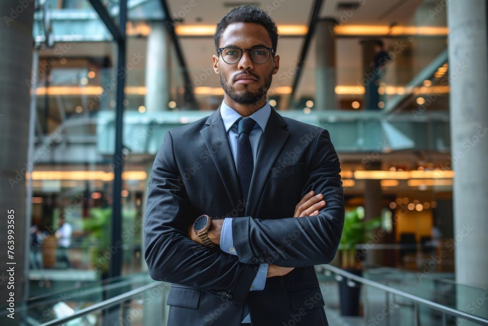 A confident-looking businessman in a sleek suit stands with folded arms in a modern building lobby, face blurred A confident-looking businessman in a sleek suit stands with folded arms in a modern building lobby, face blurred