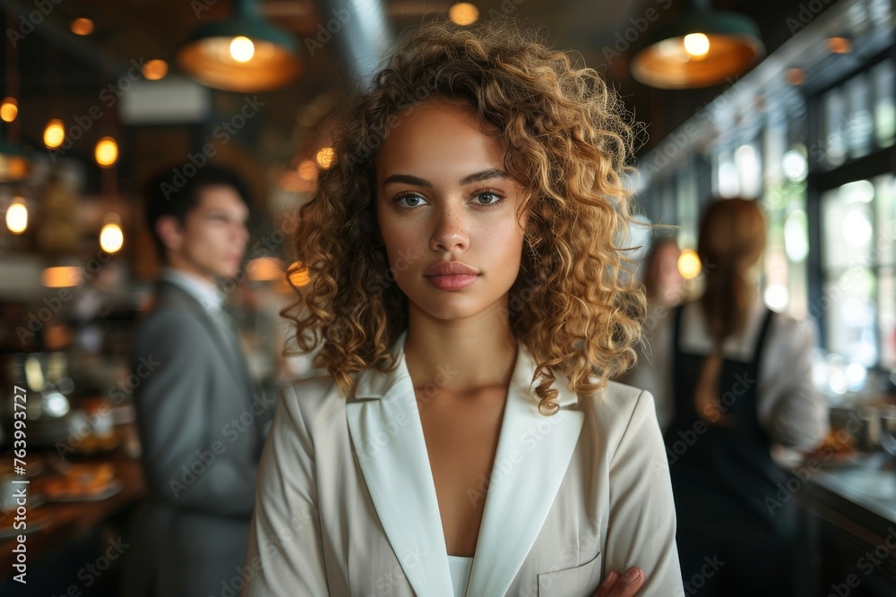 Obraz premium A professional woman in a white blazer is seen in focus with two blurred faces in the background in a cafe setting