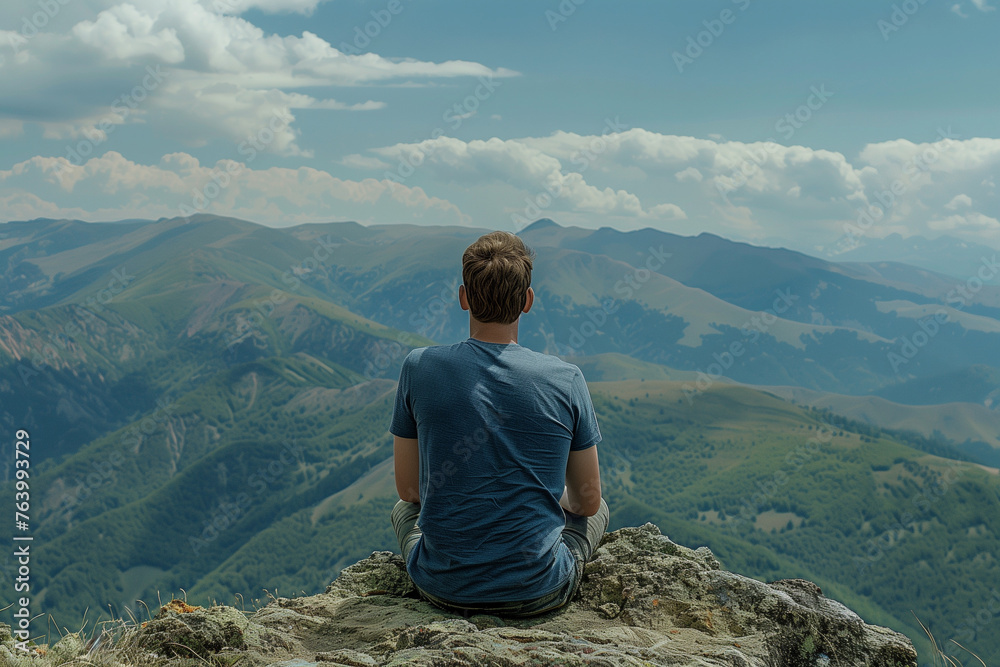 person sitting on top of mountain, back view