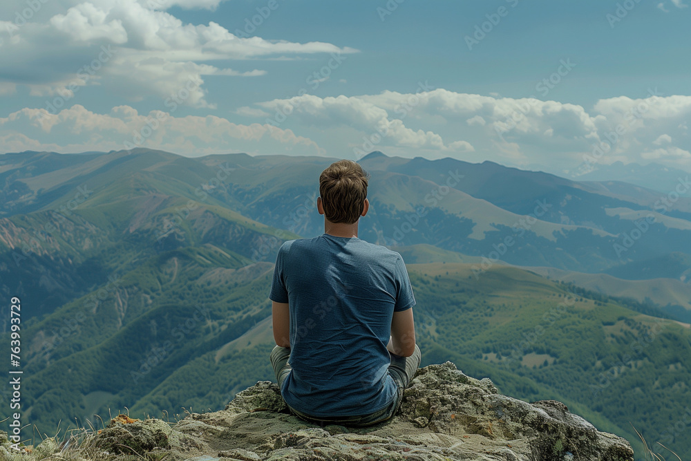 person sitting on top of mountain, back view person sitting on top of mountain, back view
