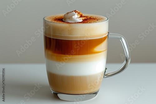 Layered cappuccino with artistic coffee layers in a clear mug