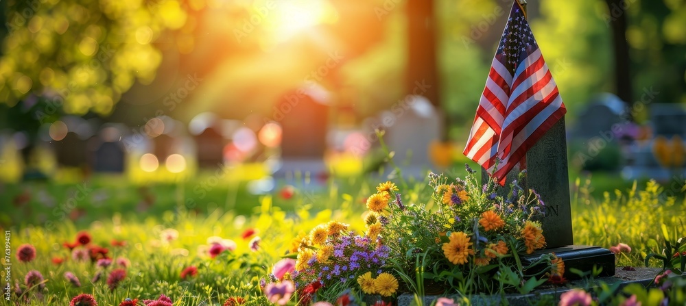 Honoring veterans on memorial day with american flags in a national cemetery, a patriotic tribute. - obrazy, fototapety, plakaty 