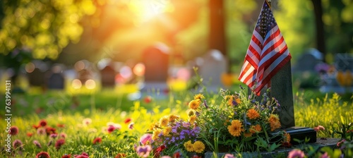 Honoring veterans on memorial day with american flags in a national cemetery, a patriotic tribute. photo