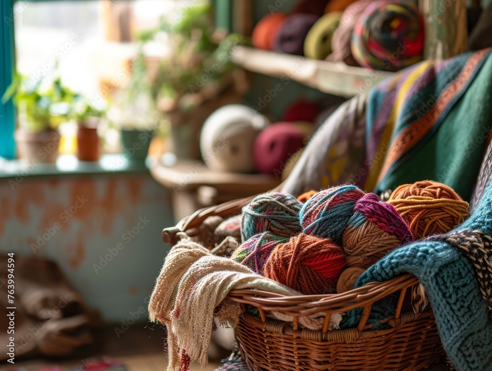 A warm, homely image of a wicker basket filled with balls of colorful yarn, suggesting crafts and creativity, ideal for hobby-related content and craft store marketing.