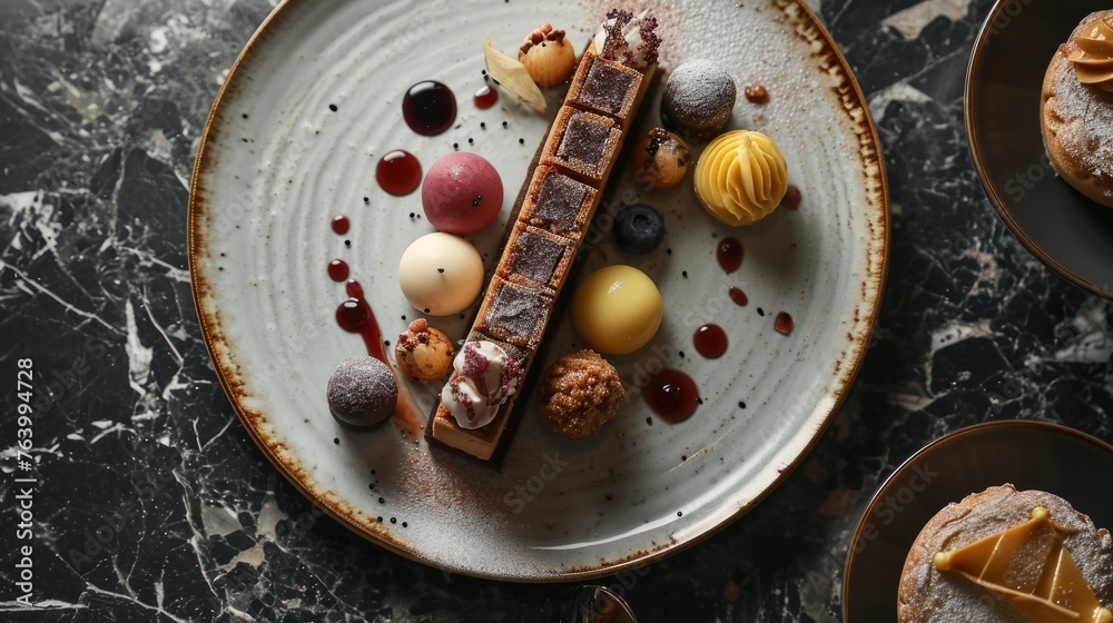 Composition of chocolate confections arranged on a plate, featuring a long chocolate bar with assorted chocolate spheres and sauce droplets, perfect for culinary art and high-end dessert marketing