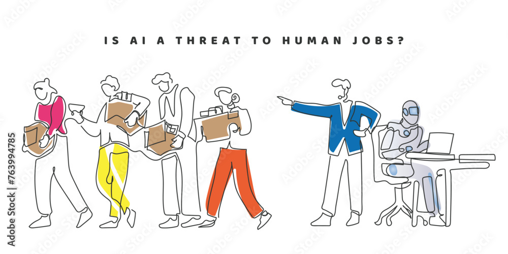 Hand drawn line art vector of office workers being kicked out of office and AI is replacing them. Concept of AI and Human Jobs Crisis. Hand drawn line art vector of office workers being kicked out of office and AI is replacing them. Concept of AI and Human Jobs Crisis.