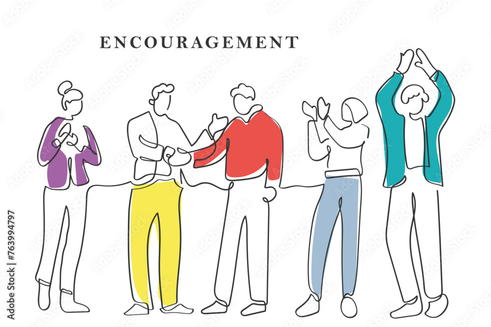 Hand drawn continuous line art vector of a team member being congratulated by the team members. Concept of Encouragement