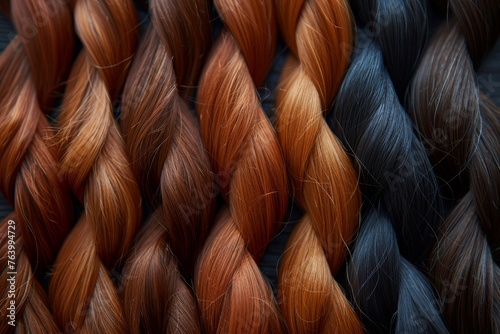 A close-up image showcasing a variety of hair colors braided together, highlighting texture and pattern