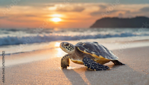 Little sea turtle on clean tropical beach at sunset. Marine animal. Natural landscape.