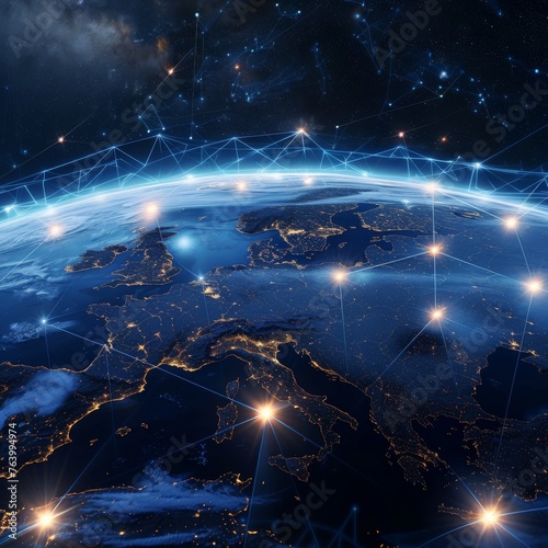 Digital composite of a nighttime Earth with a bright network grid highlighting connections between major cities and countries © Zhanna
