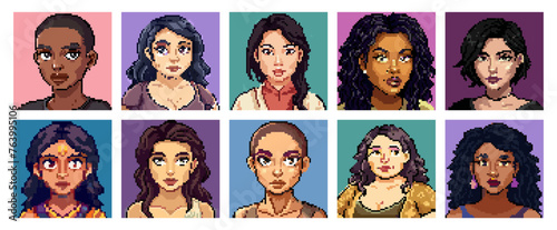 Pixel art illustration with isolated women. Pixelated avatars 90s,  Retro vintage trend. Digital portrait for profile. Crypto art. Character set.