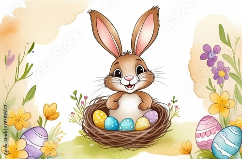 Basket with colorful easter eggs and easter bunny in a grass and flowers - Easter decoration  banner  panorama  background postcard. Happy Easter.