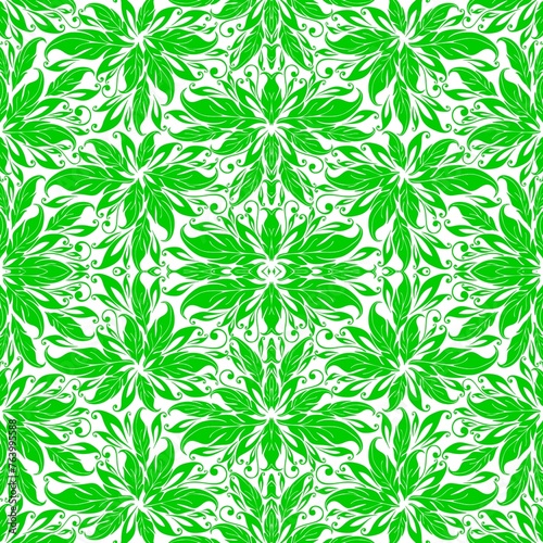 Abstract green leaves fabric seamless textile pattern on white background. Decorative vector illustration design.