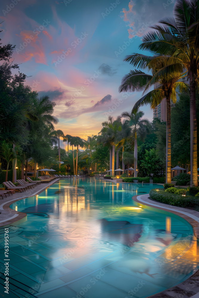 Tranquil Sunset Scene at the Exquisite Pool Area of JW Marriott - A Luxurious Tropical Escape 