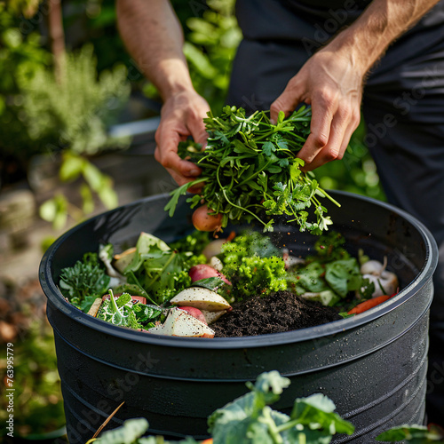 Close-up of a person turning kitchen waste into compost in a garden bin, demonstrating eco-friendly practices