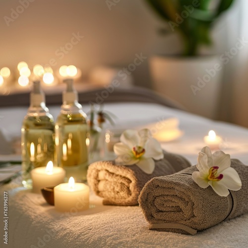 A tranquil spa setting with fluffy towels  lit candles  and orchids creating a peaceful ambiance for relaxation and well-being.