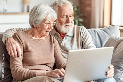 Happy mature senior couple using laptop sit on sofa at home. Smiling senior old adult man and woman using laptop to shop online. Retirement and happy senior lifestyle concept.  © Victor