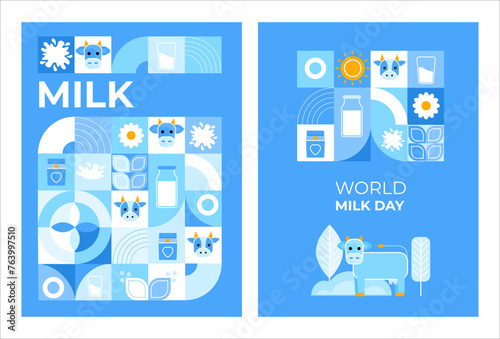 Postcard, poster with cows, milk, flowers. Modern abstract Background. World Milk Day. Vector illustration of geometric shapes.
