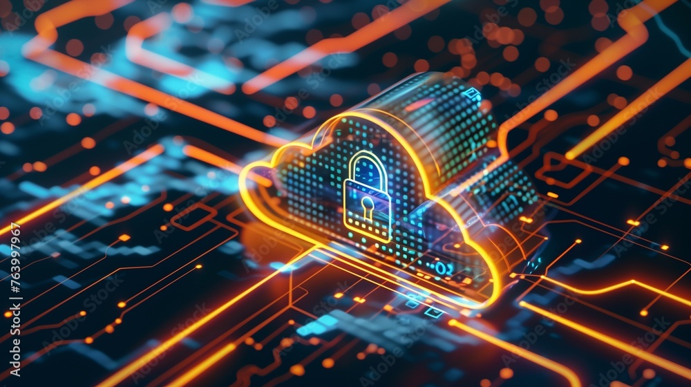 Abstract illustration of cloud security services, stylized cloud icon integrated with a secure padlock symbol, representing data protection and cybersecurity in cloud computing environments. - obrazy, fototapety, plakaty 