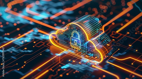 Abstract illustration of cloud security services, stylized cloud icon integrated with a secure padlock symbol, representing data protection and cybersecurity in cloud computing environments.